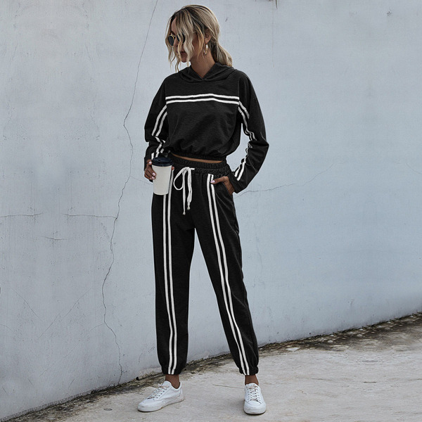 

Striped Drop Shoulder Hoodie & Drawstring Sweatpants, Black