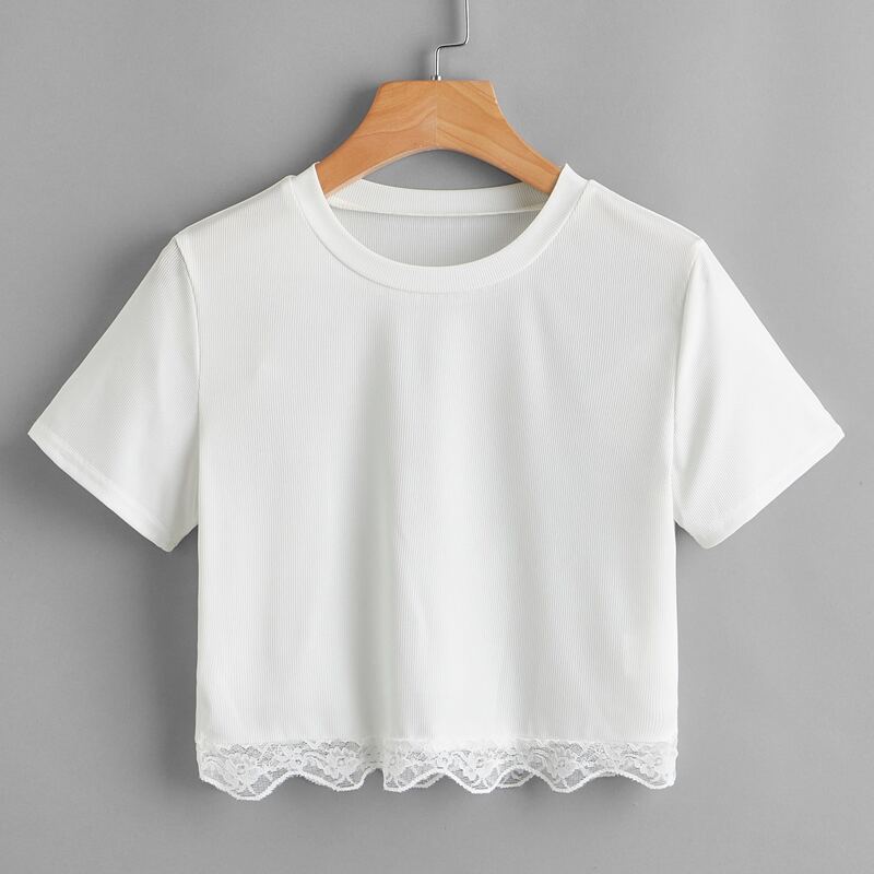 

Contrast Lace Ribbed Crop Tee, White