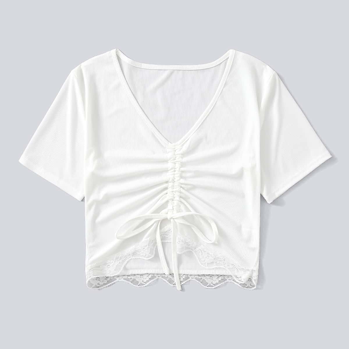 

Contrast Lace Drawstring Crop Tee, White