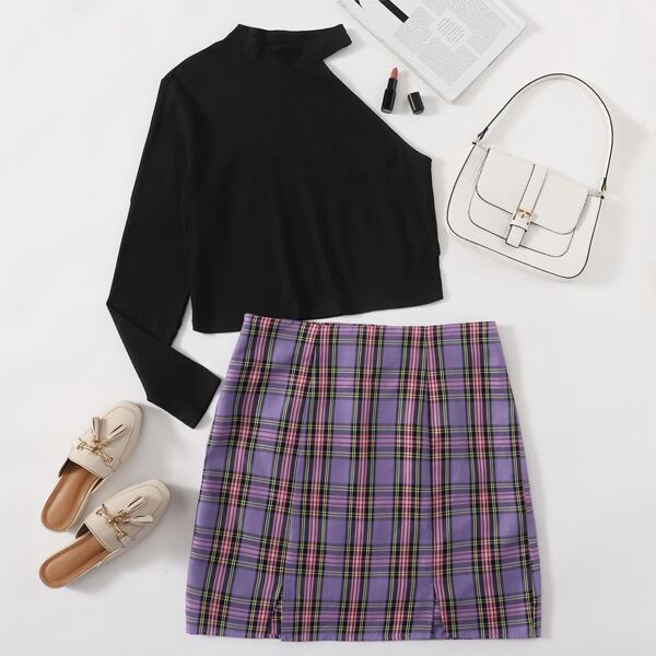

Plus One Shoulder Rib-knit Tee & Split Hem Tartan Skirt Set, Multicolor