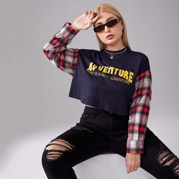 

Plus Plaid Drop Shoulder Letter Graphic Tee, Navy blue