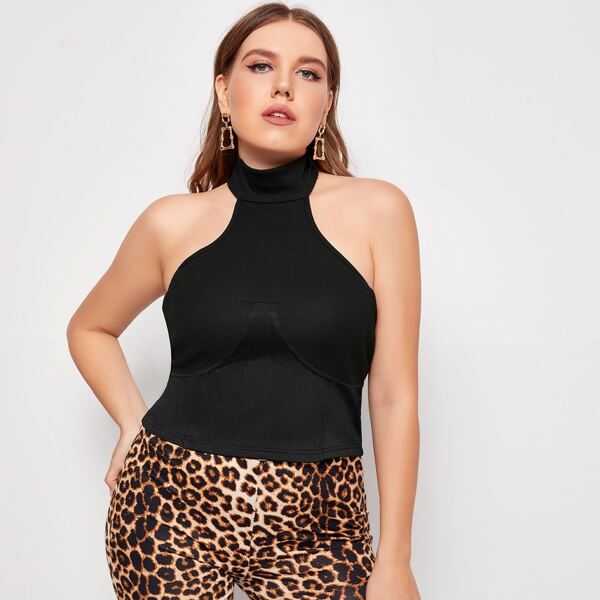 

Plus Solid Rib-knit Backless Halter Top, Black