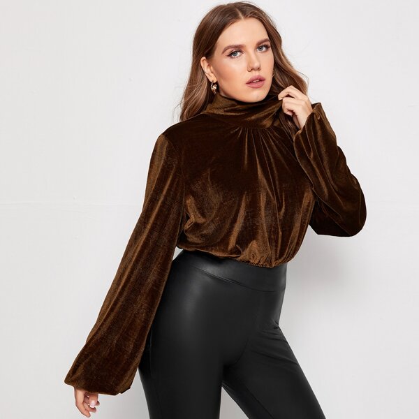

Plus Stand Collar Bishop Sleeve Velvet Blouse, Chocolate brown