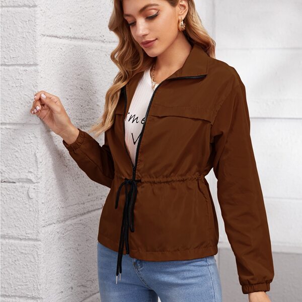 

Zipper Front Drawstring Waist Wind Jacket, Coffee brown