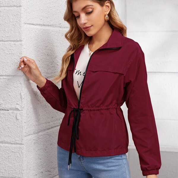 

Zipper Front Drawstring Waist Wind Jacket, Maroon
