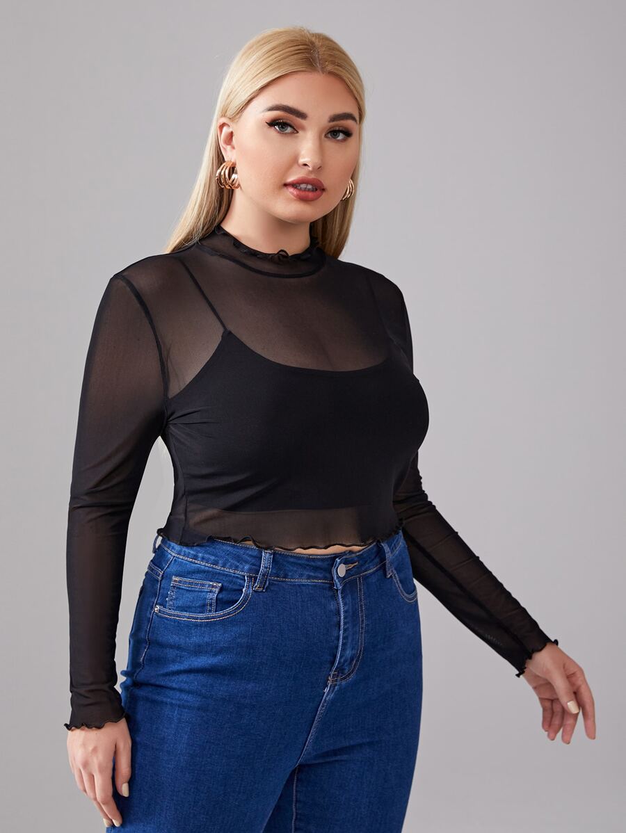 SHEIN Privé Plus Lettuce Trim Sheer Mesh Top Without Camisole - Black - View 1