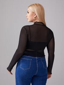 SHEIN Privé Plus Lettuce Trim Sheer Mesh Top Without Camisole - Black - View 2