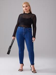 SHEIN Privé Plus Lettuce Trim Sheer Mesh Top Without Camisole - Black - View 3