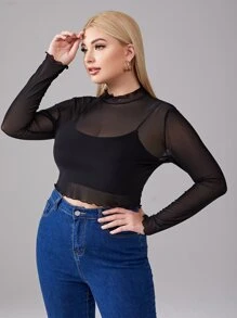 SHEIN Privé Plus Lettuce Trim Sheer Mesh Top Without Camisole - Black - View 4