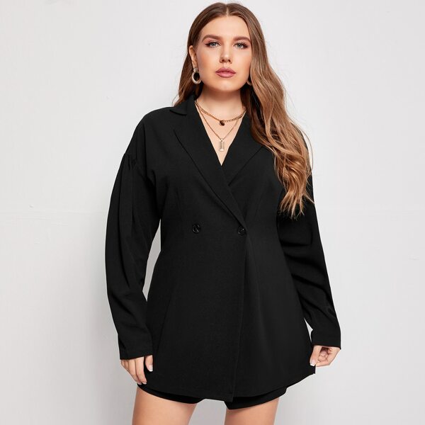 

Plus Lapel Collar Double Breasted Romper, Black