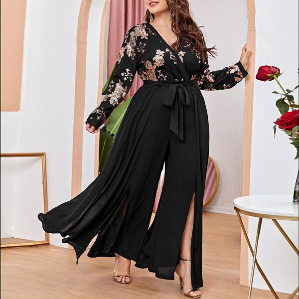 

Plus Floral Split Hem Wrap Belted Jumpsuit, Black