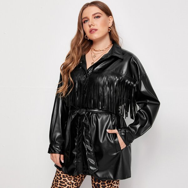 

Plus Fringe Drop Shoulder PU Leather Coat, Black