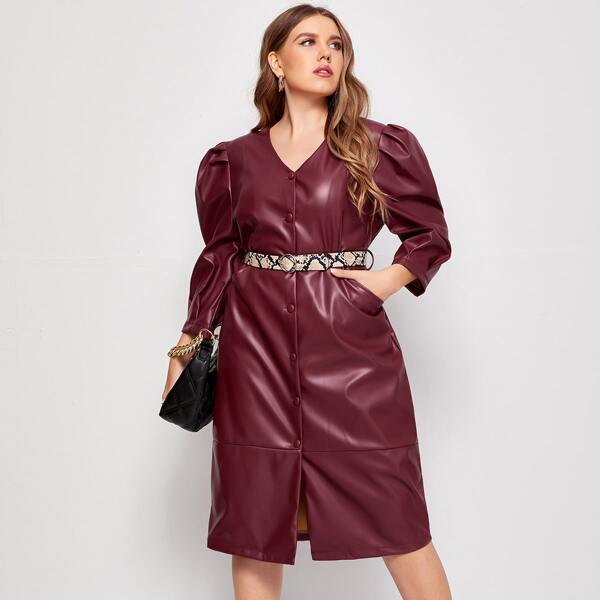 

Plus Belted Button Up PU Leather Fitted Dress, Maroon