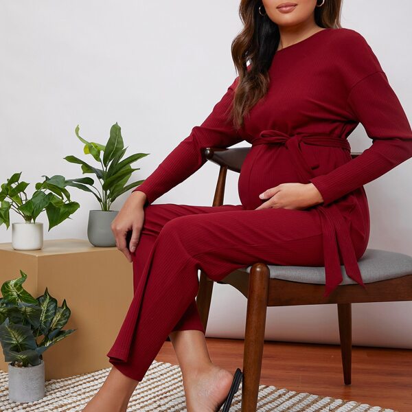 

Maternity Rib-knit Solid Belted Jumpsuit, Burgundy