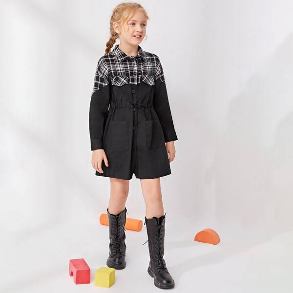 

Girls Tartan Yoke Drawstring Waist Shirt Dress, Black