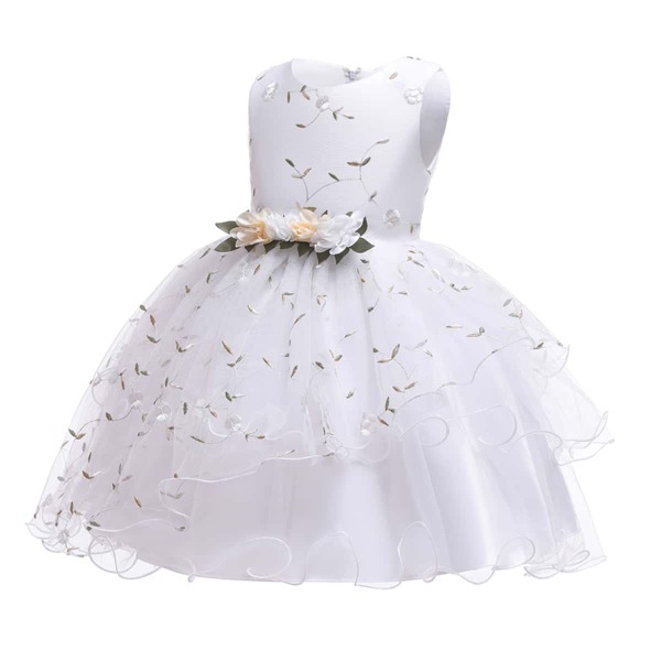 

Girls Floral Embroidery Tie Back Gown Dress, White