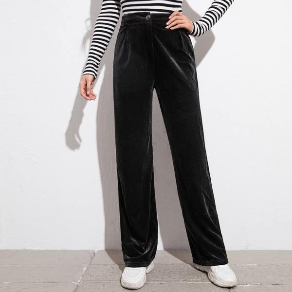 

High Waist Solid Velvet Pants, Black