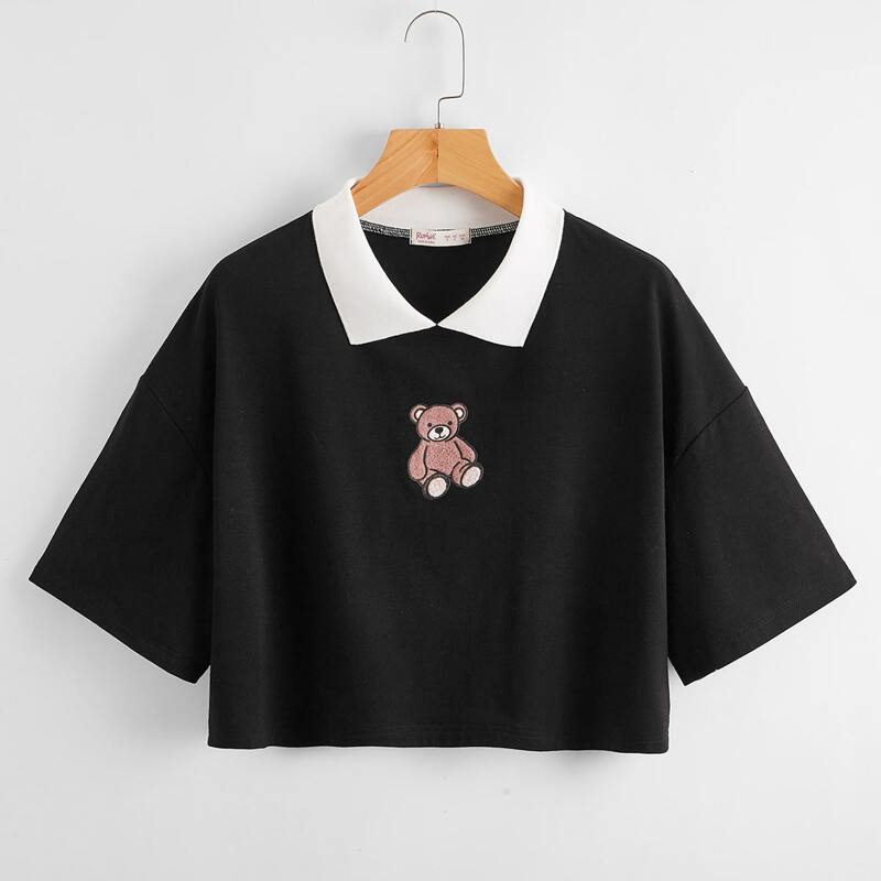 

Cartoon Bear Crop Tee, Black