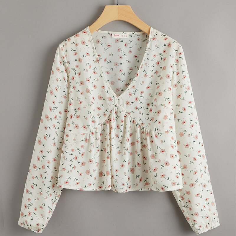 

V Neck Ditsy Floral Ruffle Blouse, Multicolor