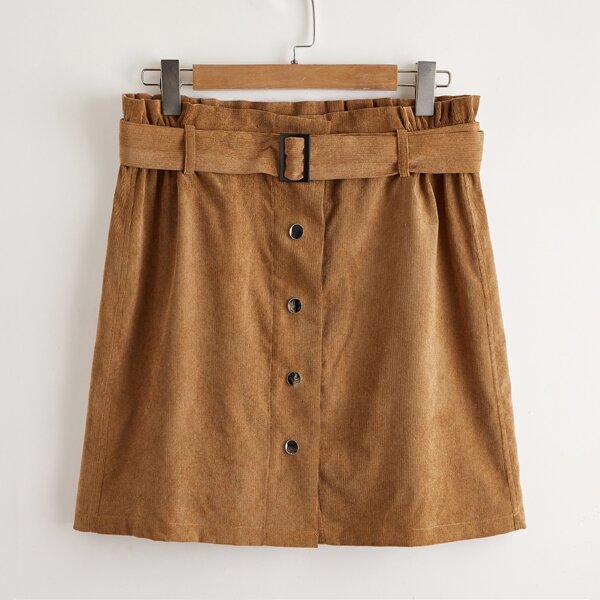 

Plus Paperbag Waist Self Buckle Belted Cord Skirt, Camel