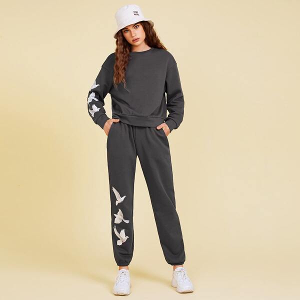 

Drop Shoulder Dove Print Pullover & Sweatpants Set, Dark grey
