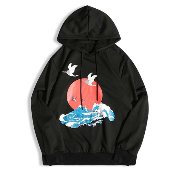 

Men Ukiyoe Print Drawstring Hooded Sweatshirt, Black