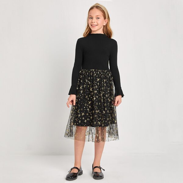 

Girls Flounce Sleeve Galaxy Print Mesh Hem Dress, Black