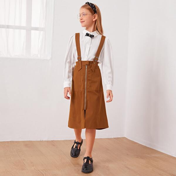 

Girls Zip Up Solid Pinafore Skirt, Brown