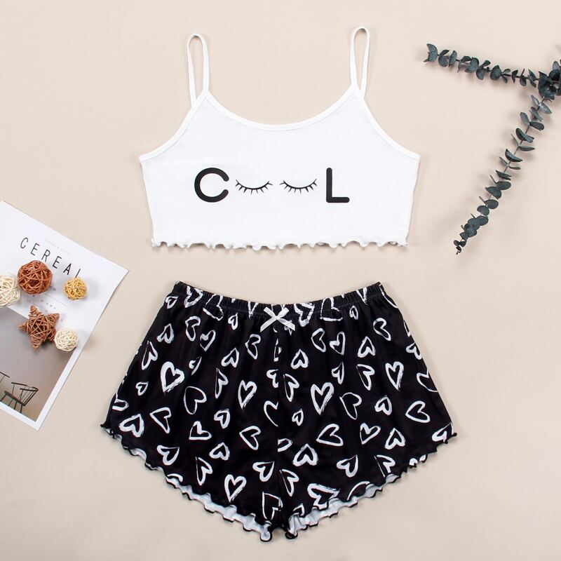 

Heart & Eyelash Print Lettuce Trim Cami PJ Set, Black and white