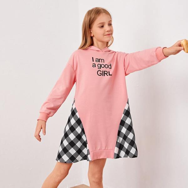 

Girls Slogan Graphic Gingham Panel Sweatshirt Dress, Dusty pink