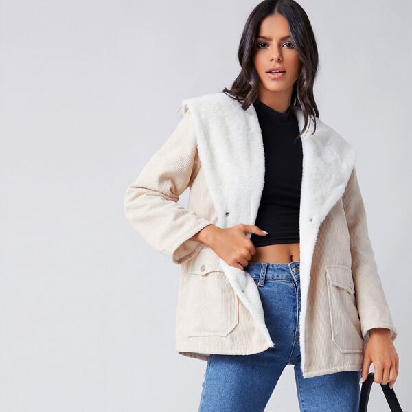 

Contrast Teddy Collar Flap Pocket Cord Coat, Beige