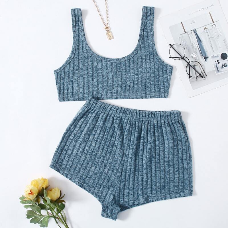 

Ribbed Tank Top & Shorts Lounge Set, Dusty blue