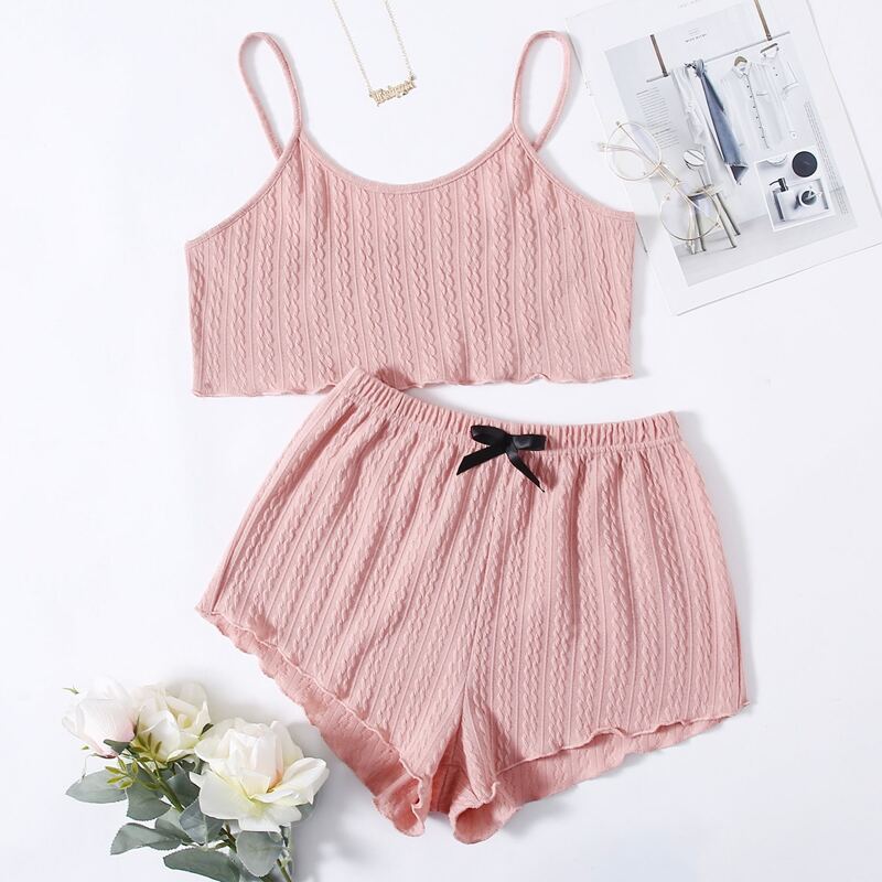 

Lettuce Trim Bow Front Cami PJ Set, Dusty pink