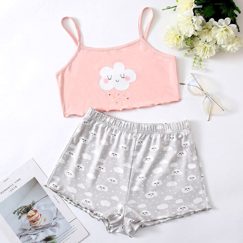 

Cartoon Graphic Lettuce Trim Cami PJ Set, Multicolor