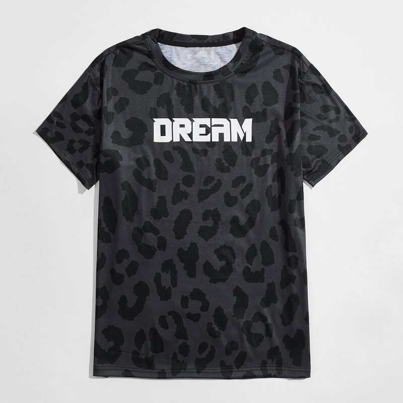 

Guys Leopard & Letter Graphic Tee, Dark grey