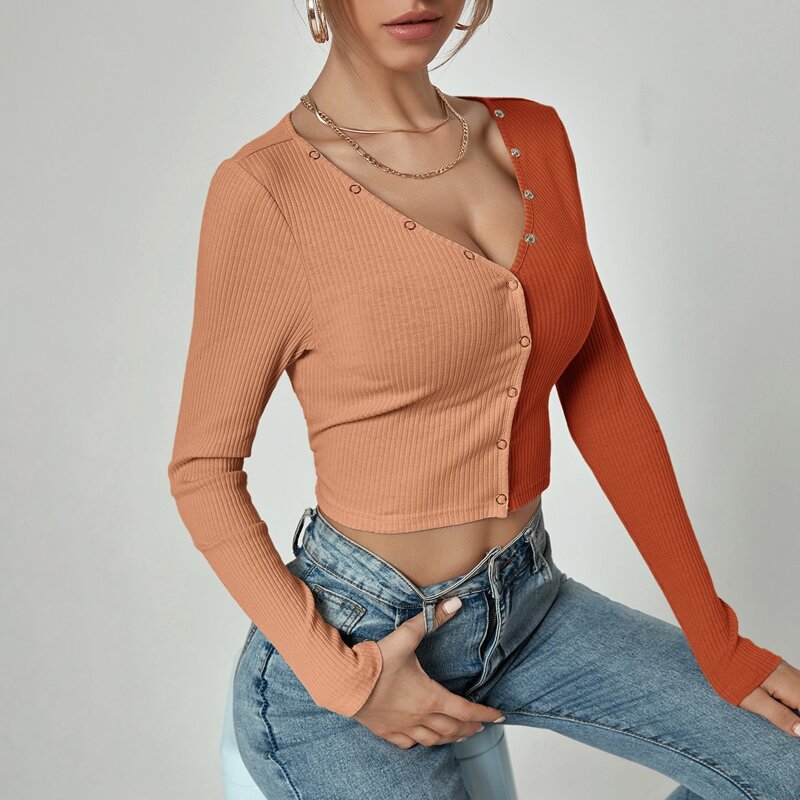 

Two Tone Popper Button Tee, Orange