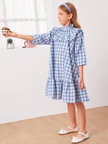 SHEIN Vestido smock bajo con fruncido de guingán - Azul y blanco - Ver 4