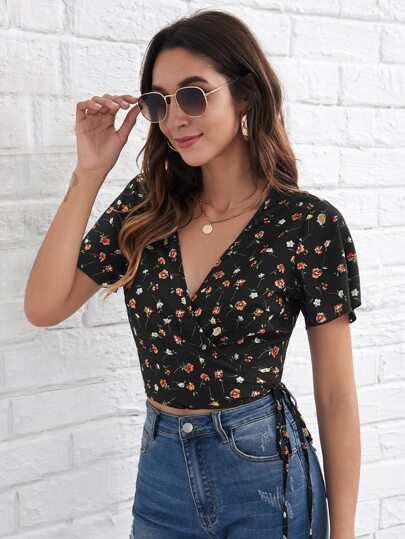 SHEIN Clasi Ditsy Floral Tie Side Crop Top