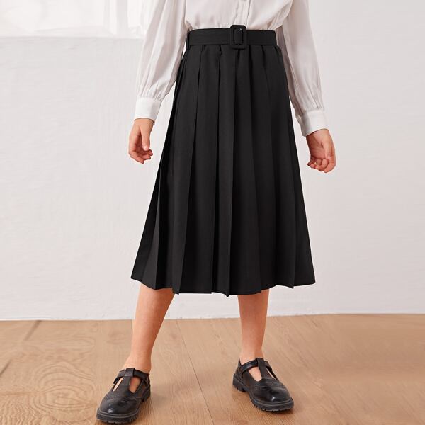 

Girls Belted Pleated Hem Skirt, Black