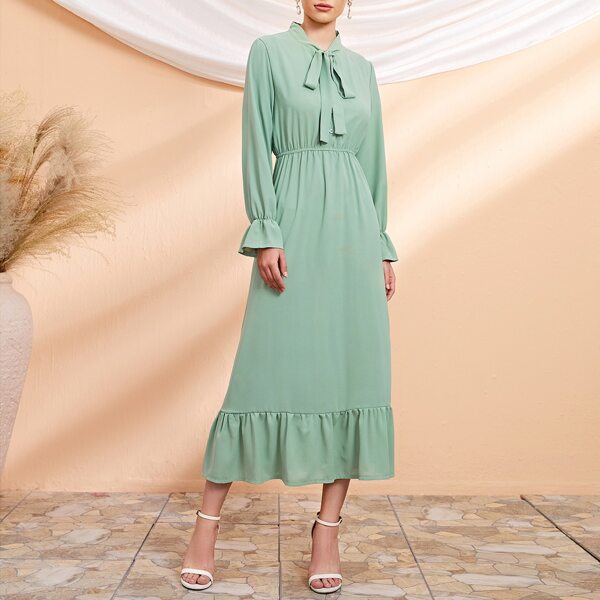 

Solid Tie Neck Flounce Hem Dress, Mint green