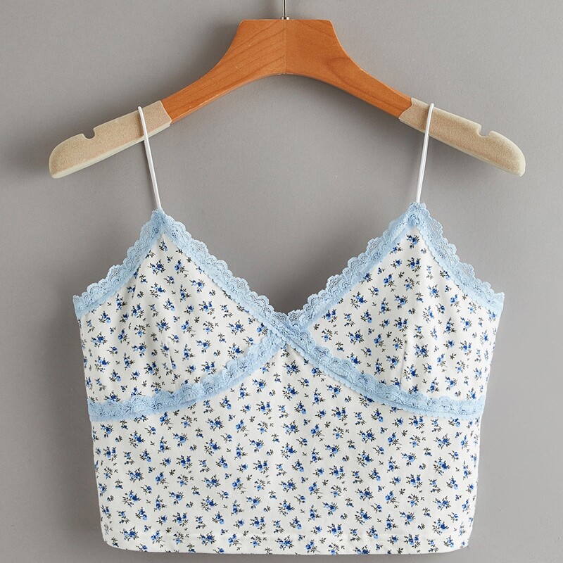 

Ditsy Flower Contrast Lace Crop Cami, White