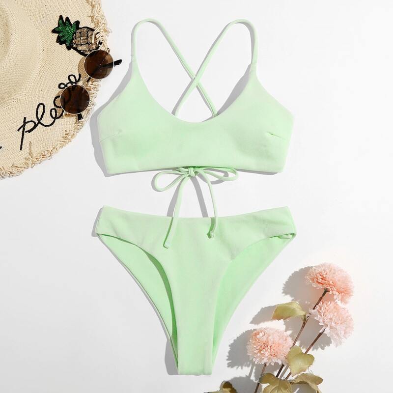 

Lace Up Back Bikini Swimsuit, Mint green