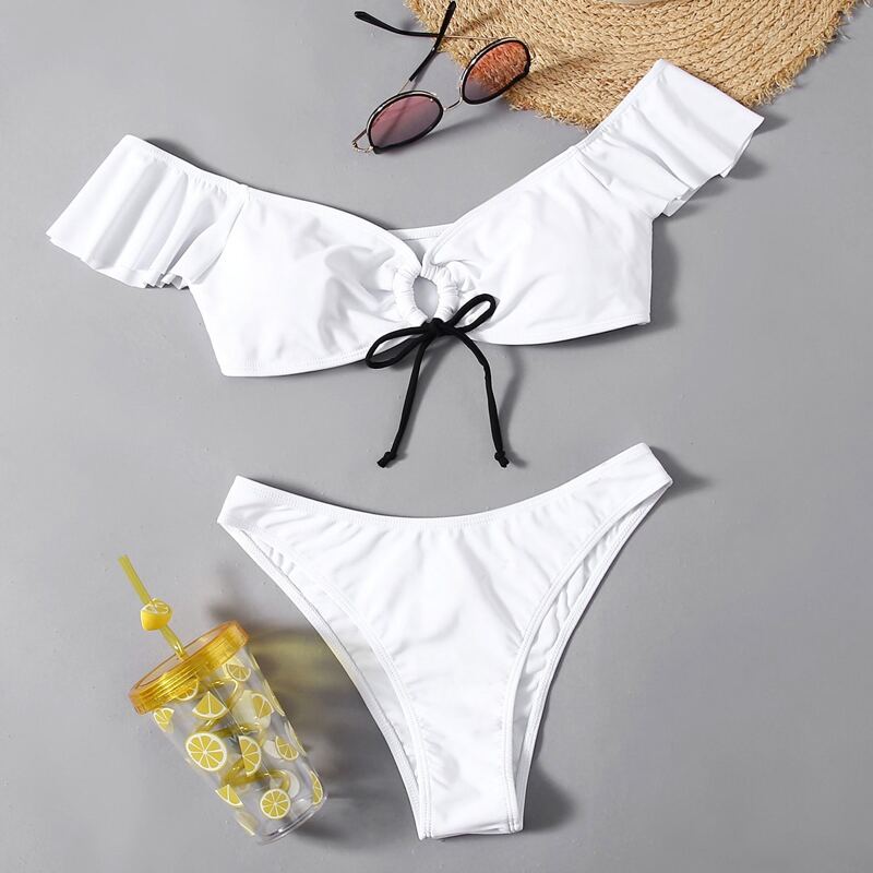 

Ruffle Drawstring Bikini Swimsuit, White