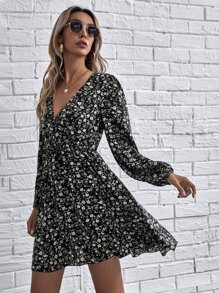 SHEIN Clasi Floral Lantern Sleeve A Line Dress - Black and White - View 1