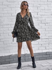 SHEIN Clasi Floral Lantern Sleeve A Line Dress - Black and White - View 5
