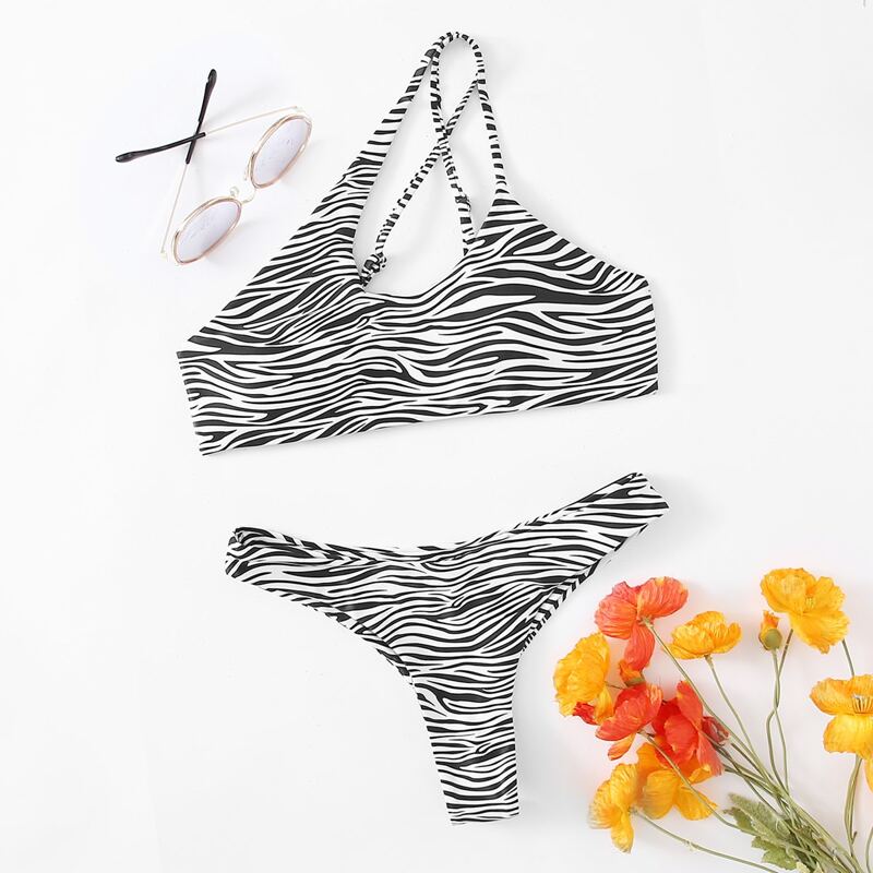 

Zebra Striped Asymmetrical Neck Bikini Swimsuit, Black and white