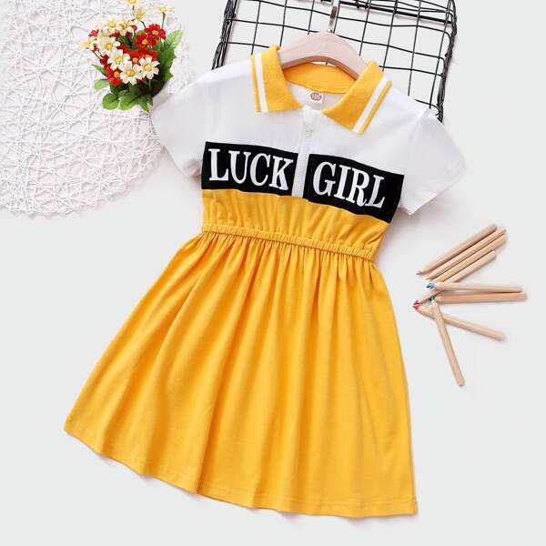 

Toddler Girls Contrast Collar Letter Graphic Spliced Dress, Yellow