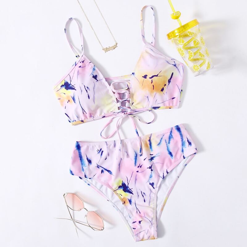 

Allover Print Lace Up Bikini Swimsuit, Multicolor