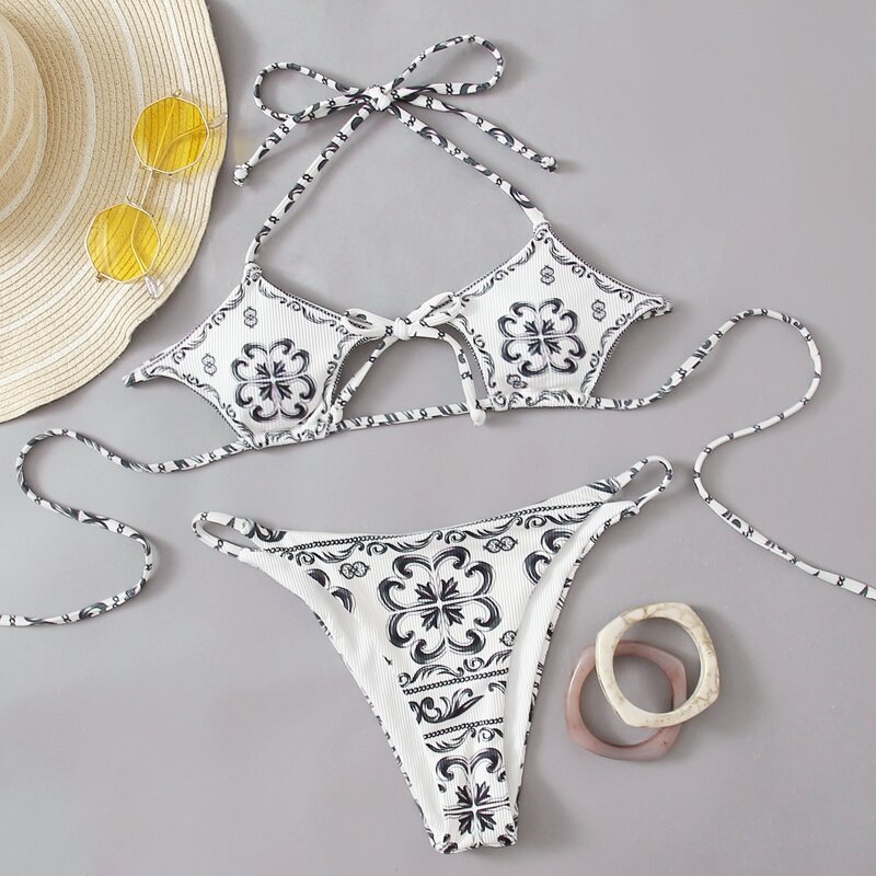

Tribal Floral Cut Out Bikini Swimsuit, Black and white