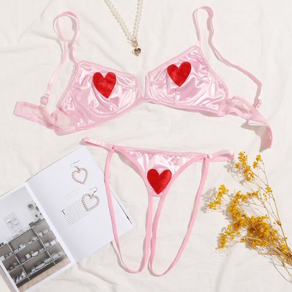 

Embroidered Heart Satin Underwire Crotchless Lingerie Set, Baby pink